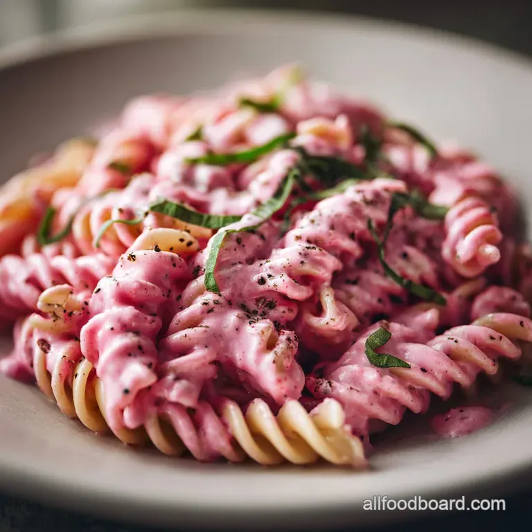 Elegant swirl of pink pasta in a bowl, draped in luscious sauce and adorned with a basil sprig. Inviting and ready to enjoy.
