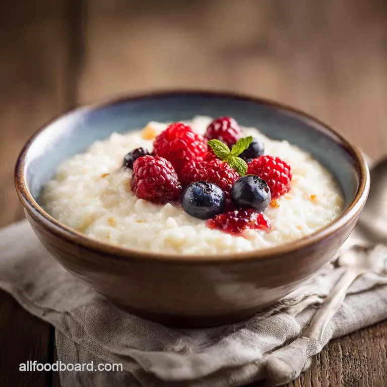 Elegant serving of rice pudding in a stemmed glass. Topped with fresh raspberries and a sprig of mint, creating a vibrant ...