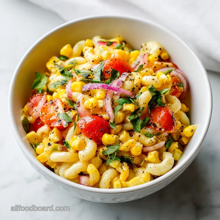 A delicate swirl of creamy pasta salad, artfully arranged with grilled corn and herbs on a white plate. Summer on a fork.