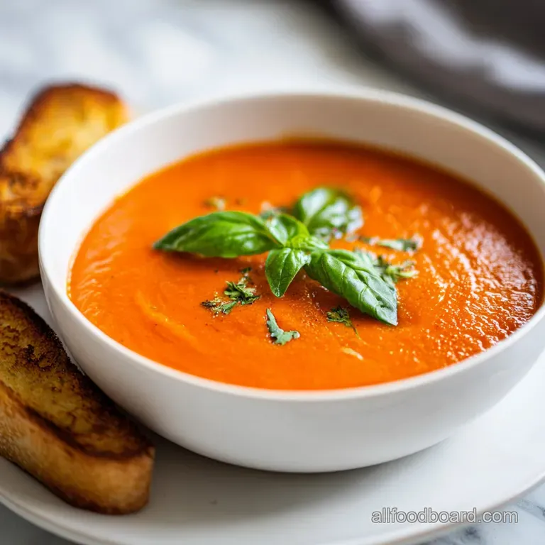Close-up of creamy tomato soup, garnished with fresh basil, served in a white bowl on a rustic wooden table.