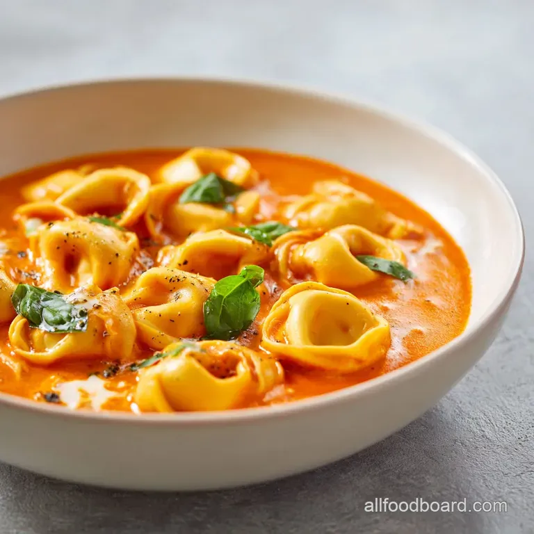 A single, artfully arranged serving showcasing plump tortellini glistening in rich tomato sauce, garnished with herbs and ...