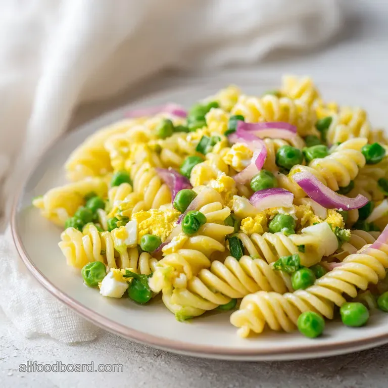 A chilled portion of creamy pasta spirals and flaked tuna served in a white bowl, topped with a sprig of fresh parsley.