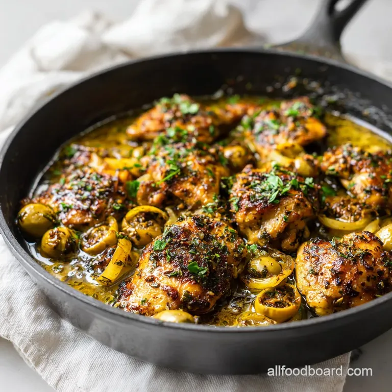 Tender chicken and bright red tomatoes artfully arranged in a rustic skillet, garnished with fresh green herbs.