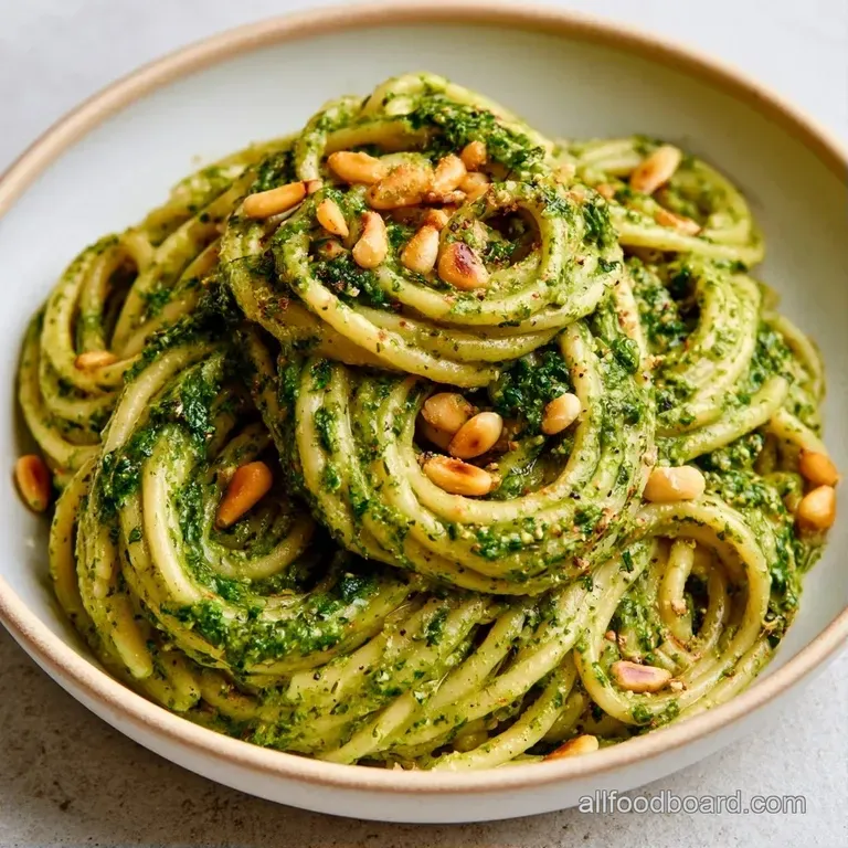 Swirls of pasta in a bright green sauce on a white plate, garnished with halved cherry tomatoes and vegan parmesan.