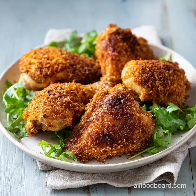 Perfectly baked chicken thigh on a white plate. Crispy, crackled skin contrasted by juicy interior. Sprig of rosemary adds...