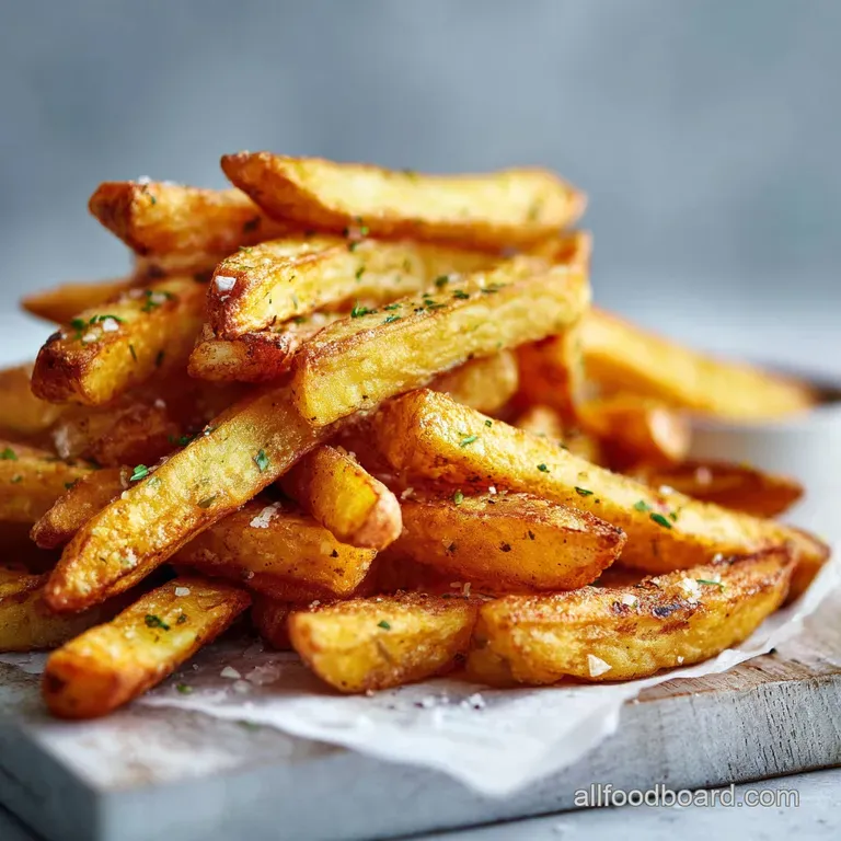 Crisp fries artfully arranged on a white plate, showcasing a delightful contrast of textures and colors, with a sprinkle o...