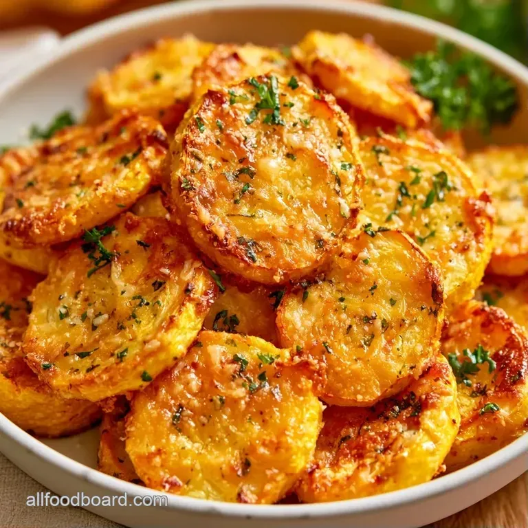 Neatly arranged yellow squash rounds on a slate platter, garnished with a sprig of thyme and cracked black pepper.
