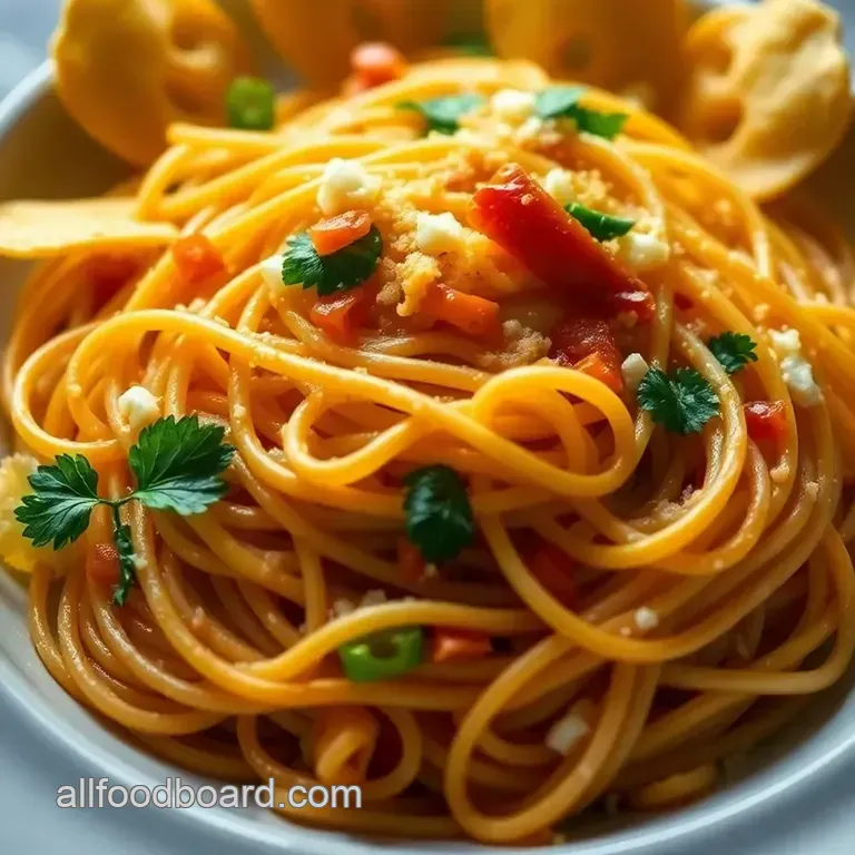 Crispy Chip-Topped Pasta Delight presentation