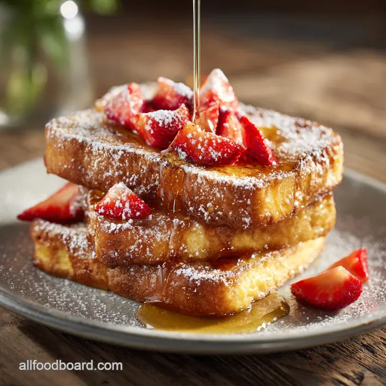 Two slices of French toast rest on a white plate, adorned with fresh berries and a light dusting of powdered sugar, beckon...