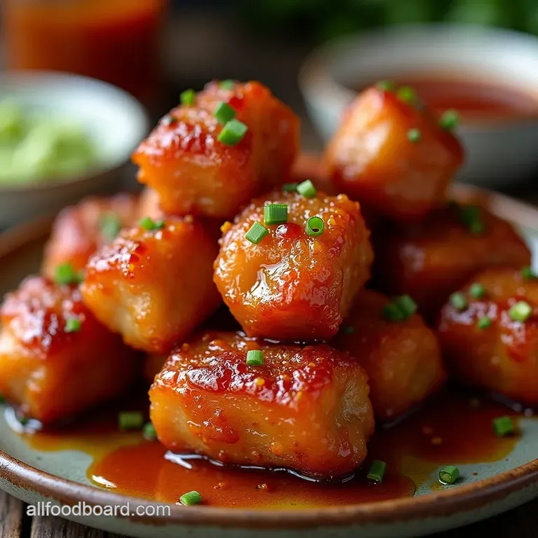 Sticky Spicy and Seriously Addictive Crispy Gochujang Glazed Pork Belly Bites presentation