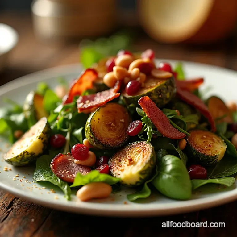 Crispy Bacon MapleGlazed Brussels Sprout Salad with Toasted Hazelnuts presentation