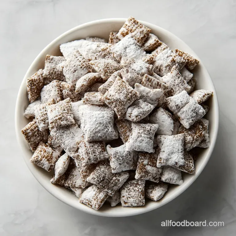 Neatly stacked sweet snack mix squares on a small plate. Coated with white powder with a glimpse of chocolate and peanut b...