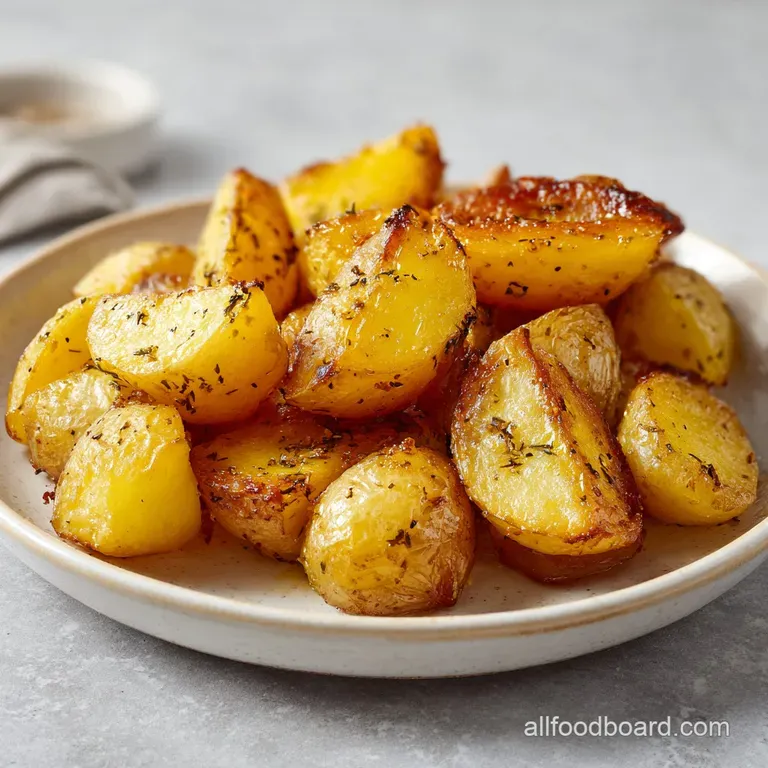 Perfectly roasted potatoes artfully arranged on a white plate, garnished with fresh herbs. Crispy edges and soft fluffy in...