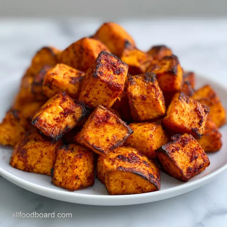 Caramelized orange root vegetable cubes piled high in a matte black bowl, garnished with a sprig of fresh rosemary.