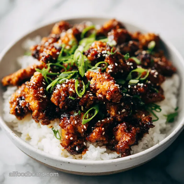 Crispy, golden sesame chicken piled high, drizzled with savory sauce, garnished with vibrant green scallions on a white pl...