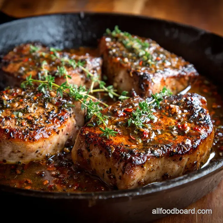 The Duke of Pork Bonein Skillet Chops with Thyme Brown Butter Sauce presentation