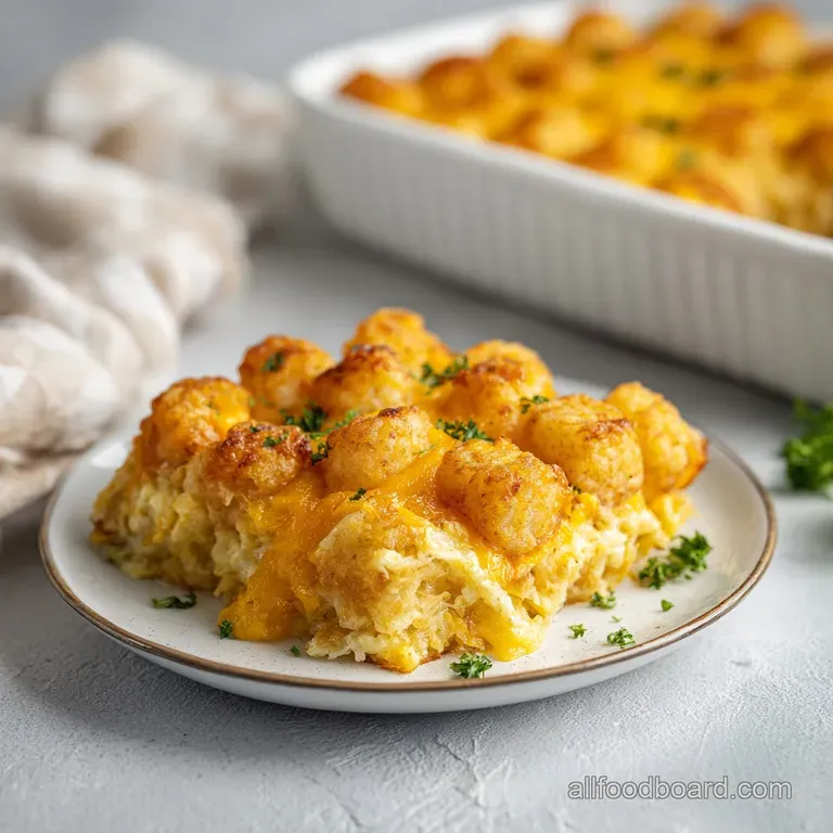 A golden slice of casserole, topped with a dollop of sour cream and a scattering of chives, on a white plate.