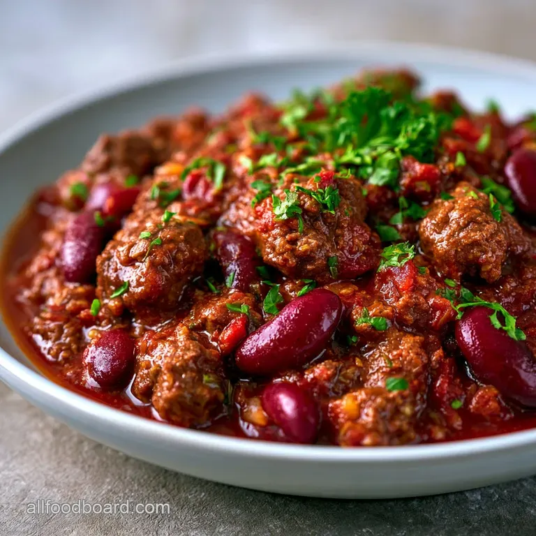 A steaming bowl of deep red chili topped with a swirl of sour cream and a sprinkle of bright green cilantro.
