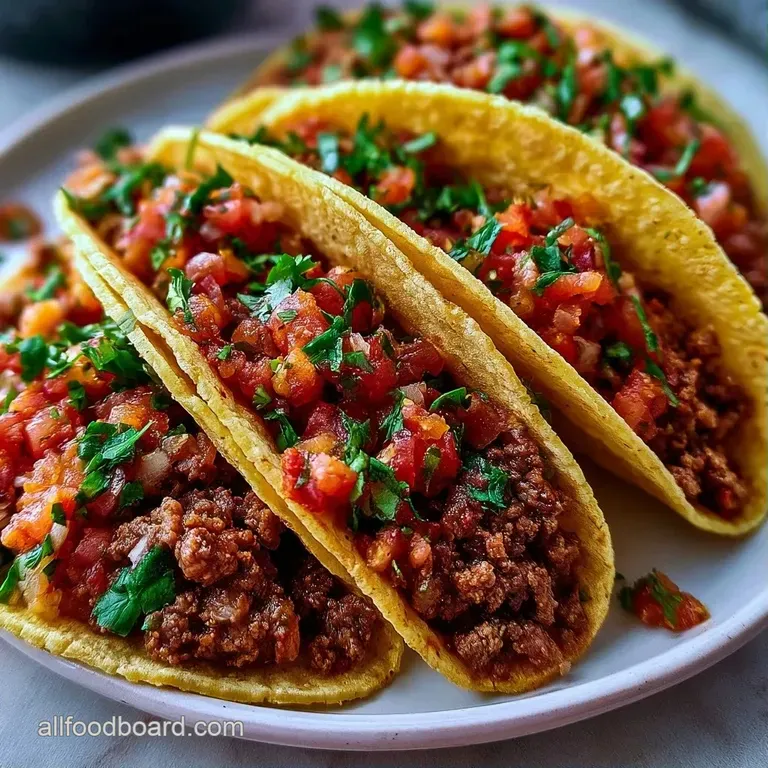 Three golden taco shells overflowing with seasoned meat, topped with bright salsa and lime wedges on a slate platter.