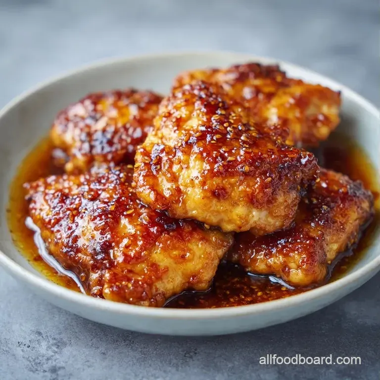 Glazed chicken thighs plated on white porcelain with steamed broccoli and a drizzle of shimmering honey garlic sauce.