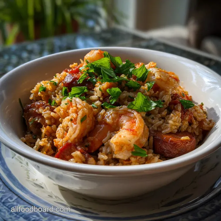 Jambalaya elegantly plated: glistening rice studded with plump shrimp, colorful peppers, and savory sausage; a sprinkle of...