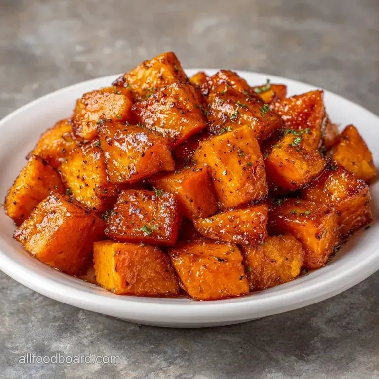 A smooth mound of vibrant orange puree in a white ceramic bowl, garnished with a sprig of fresh parsley and sea salt.