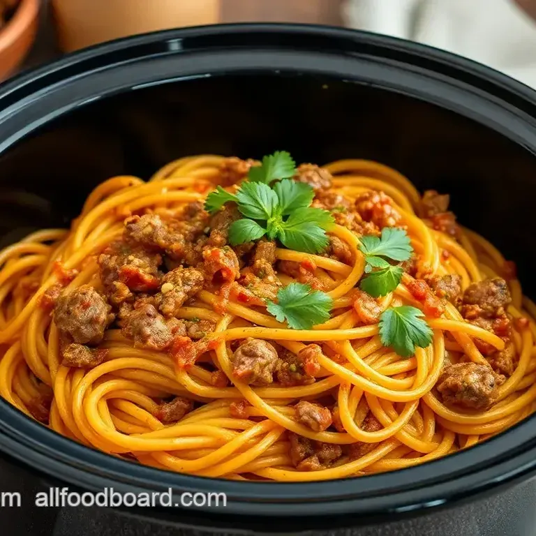 Taco-Inspired Crockpot Beef Spaghetti