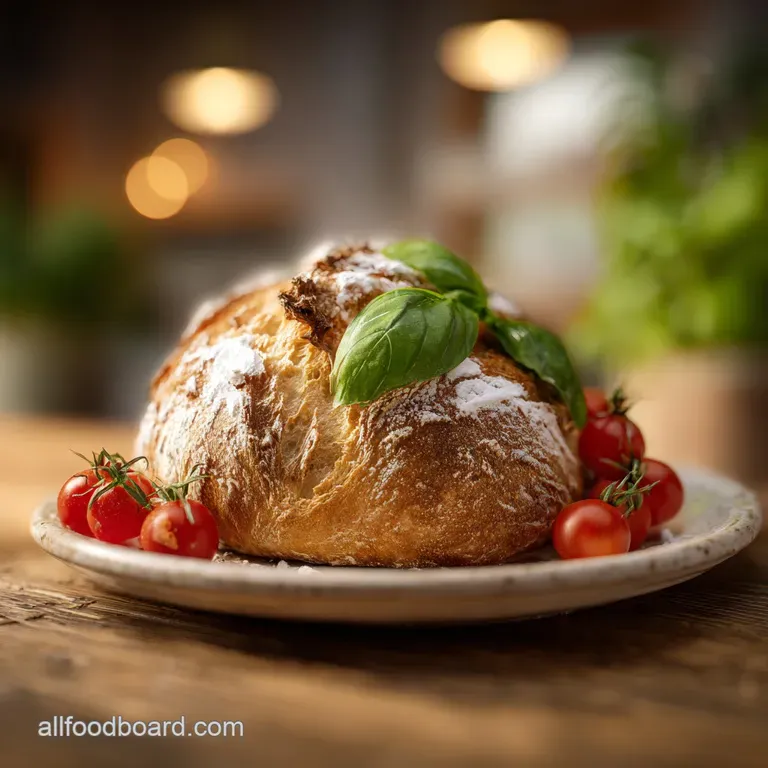 A warm, golden Italian bread loaf sliced open to reveal a soft, airy interior on a wooden board.