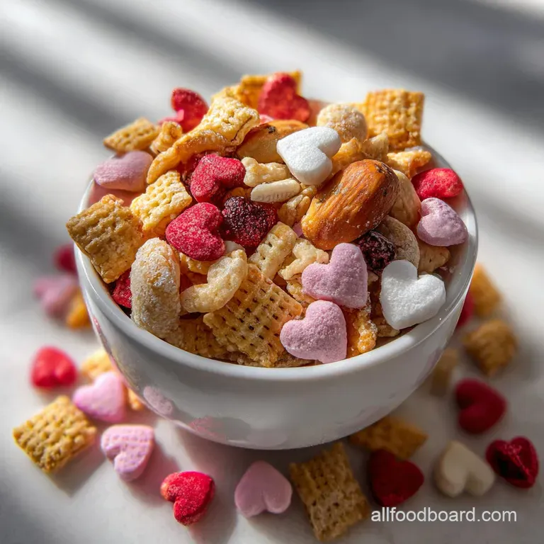 White chocolate drizzled trail mix spilling from a heart-shaped bowl. Crunchy textures and sweet pastel colors for Valenti...