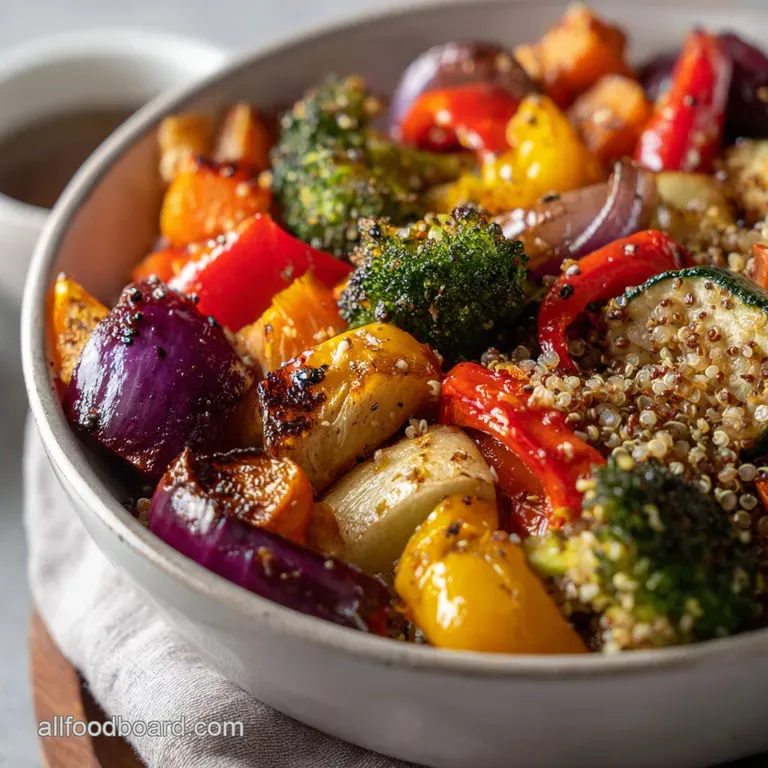 A colorful medley of glazed root vegetables and quinoa elegantly arranged on a white plate. Light steam hints at warmth.