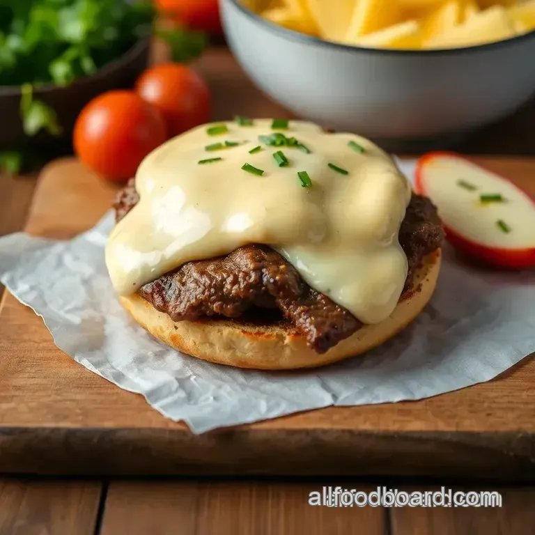 Savory Steak and Egg Bagel with Creamy Cheese Sauce presentation