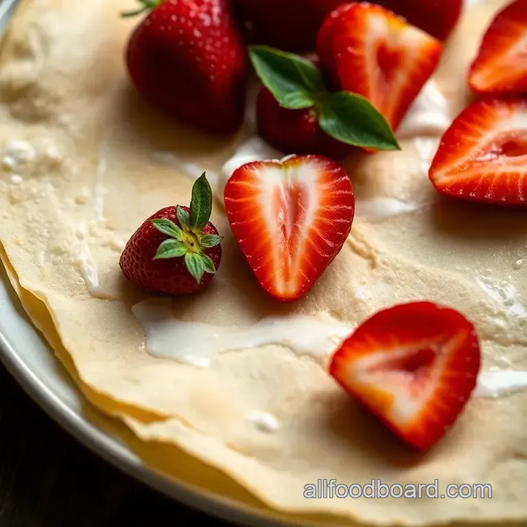 Delicious Strawberry Crepes with Whipped Cream and Fresh Strawberries presentation