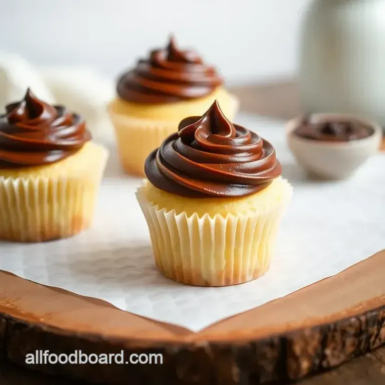 Fluffy Vanilla Cupcakes with Rich Chocolate Ganache presentation