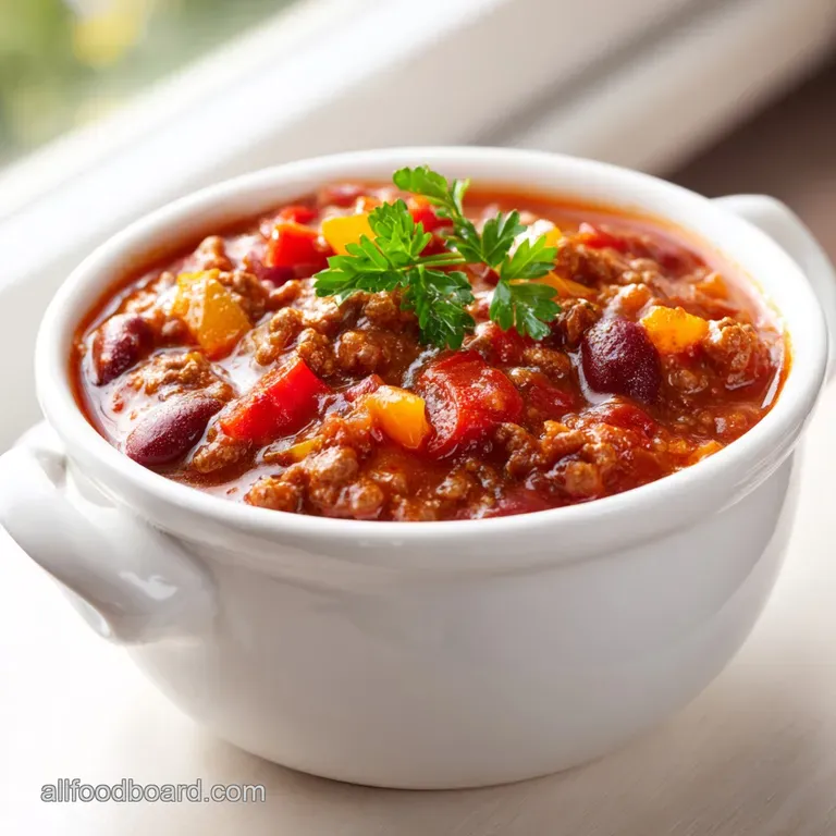 A rich, bubbling bowl of chili topped with shredded cheese, a dollop of cream, and a sprinkle of green herbs.