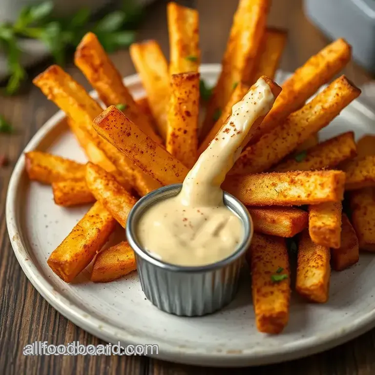 Ultimate Baked Fries with Cheese Sauce & Spices presentation