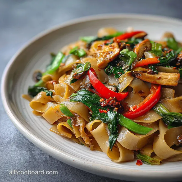 Steaming pile of wide noodles with colorful peppers. Garnished with fresh basil and a sprinkle of chili flakes. Ready to eat!