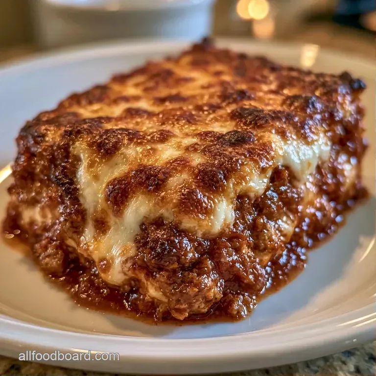 A tall slice of layered pasta with oozing ricotta and rich tomato sauce on a white ceramic plate with parsley.
