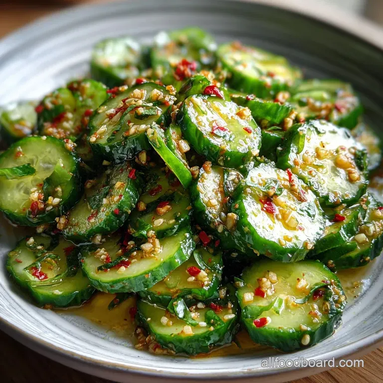 Elegant cucumber ribbons tossed in a bright dressing, garnished with chili flakes, creating a visually appealing and fresh...