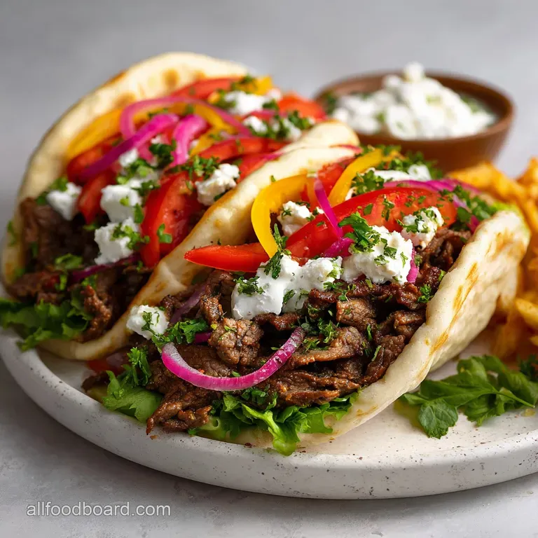 A gyro sandwich half wrapped in paper, bursting with juicy beef, creamy tzatziki, and vibrant vegetables on a wooden board.