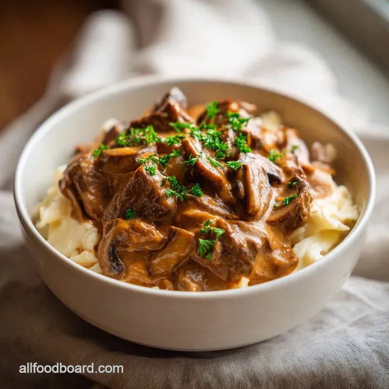 Elegant plate of beef stroganoff: tender beef strips in a rich, creamy sauce, served over a bed of golden egg noodles, gar...