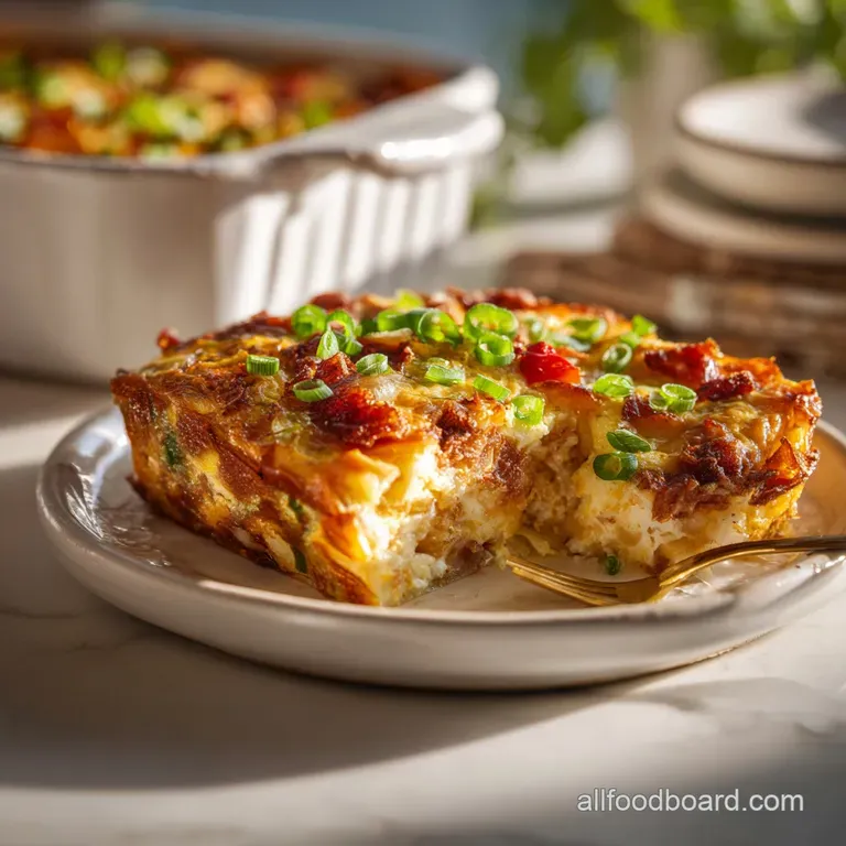 A hearty slice of baked casserole, layered with sausage and potatoes, served on a white plate.