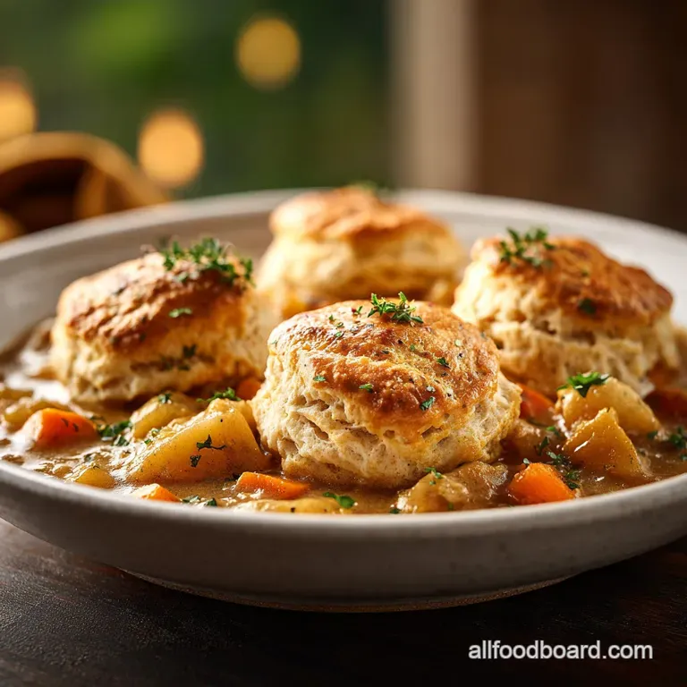 A rustic ceramic bowl of creamy chicken stew topped with a golden biscuit and a sprinkle of fresh green herbs.