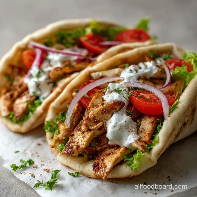Chicken gyro on a plate, filled with fresh veggies & creamy tzatziki, next to lemon wedges and crisp fries.