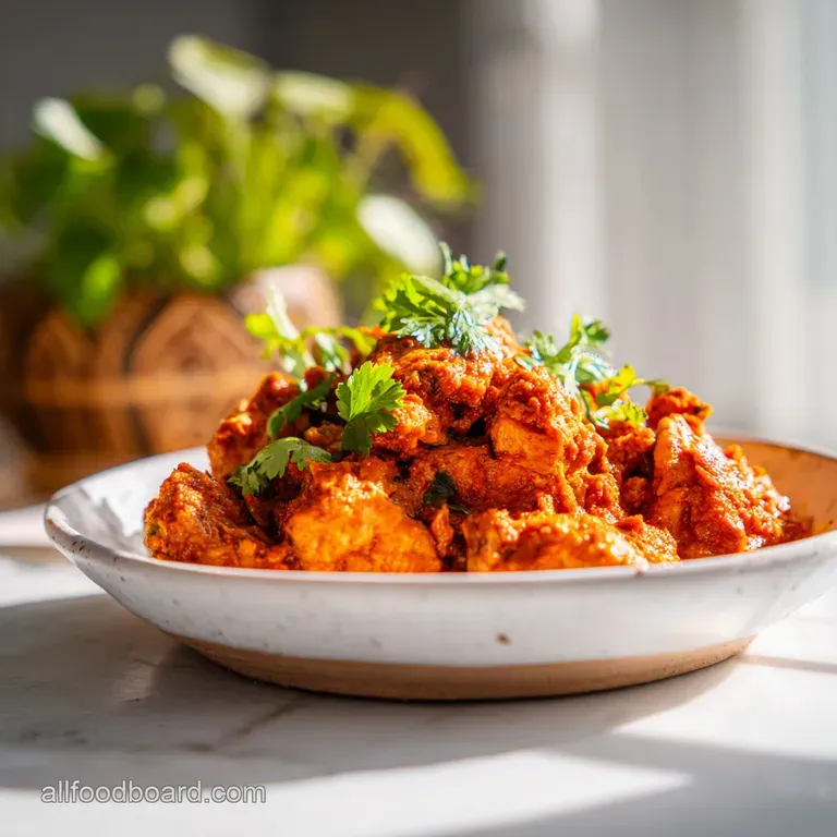 Creamy, golden chicken masala served over fluffy rice, garnished with cilantro and a swirl of yogurt; steam suggests warm ...