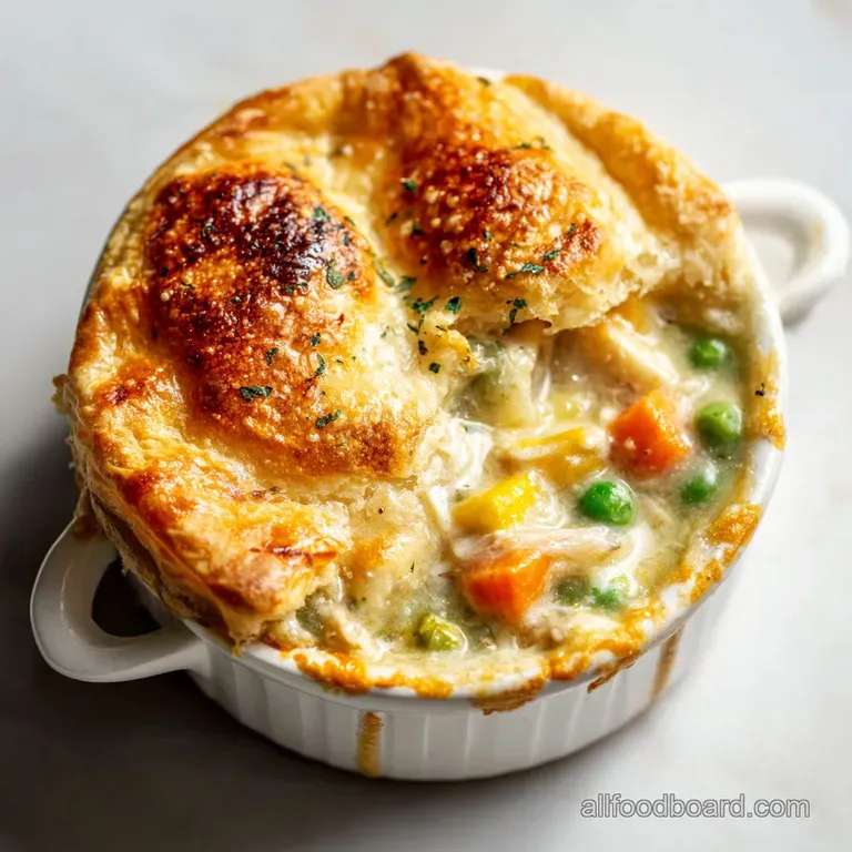 Slice of flaky pot pie on a white plate, creamy filling with visible chicken and vegetables, garnished with fresh thyme sp...