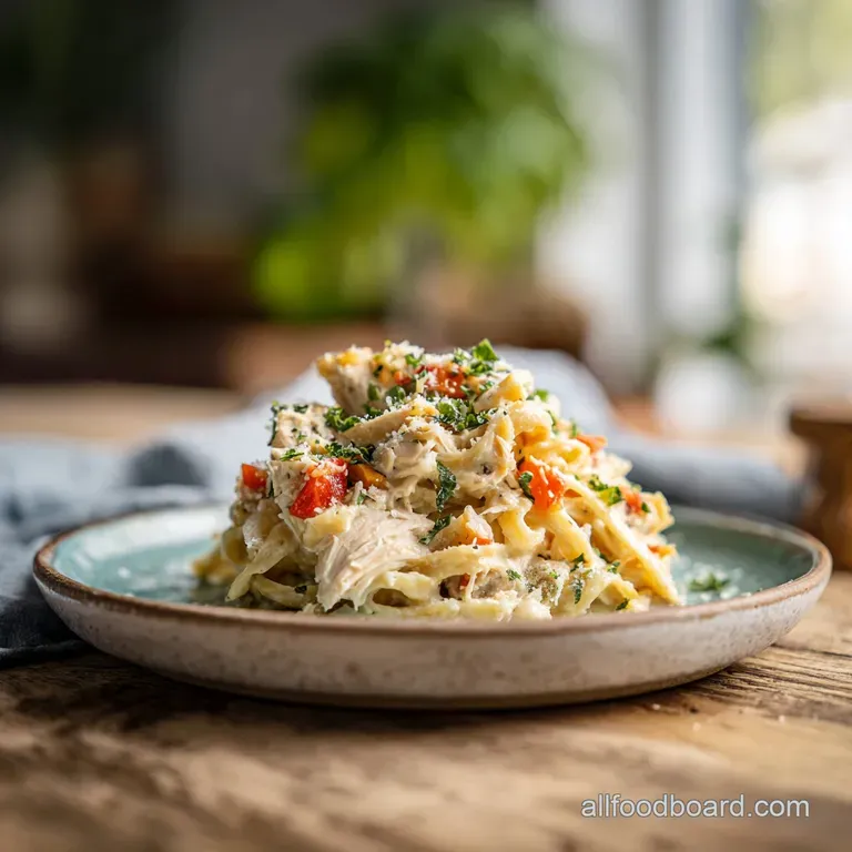 A serving of creamy chicken tetrazzini, artfully plated with a sprinkle of fresh parsley.