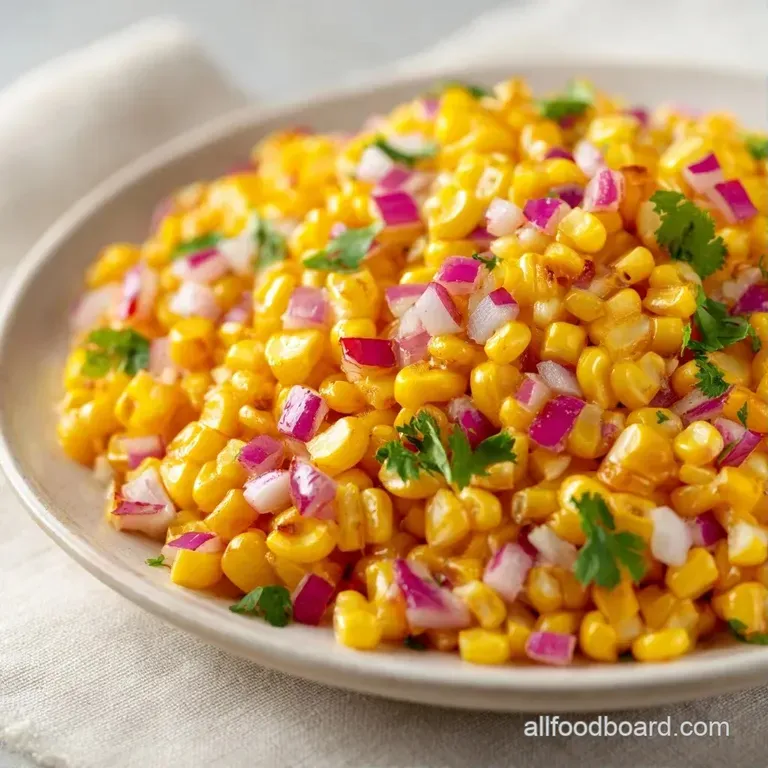 Vibrant golden corn kernels and diced red onions served in a clear glass bowl on a light-colored wooden surface.