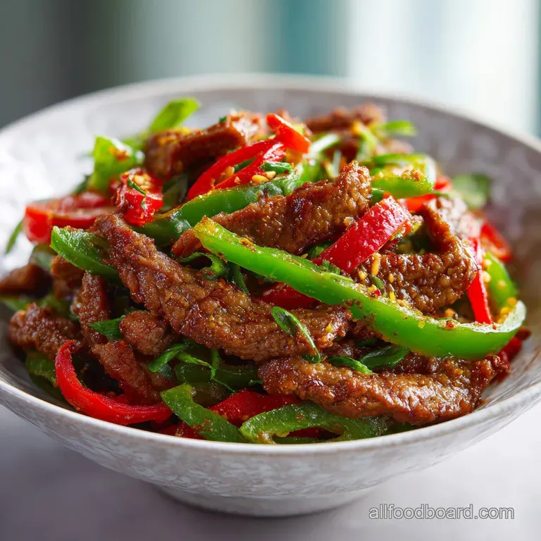 Slices of tender beef and colorful peppers drizzled in brown sauce over a bed of fluffy white steamed rice.