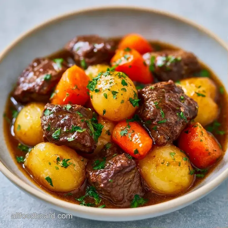 A rustic ceramic bowl filled with chunky beef, root vegetables, and a glossy brown sauce topped with fresh parsley.