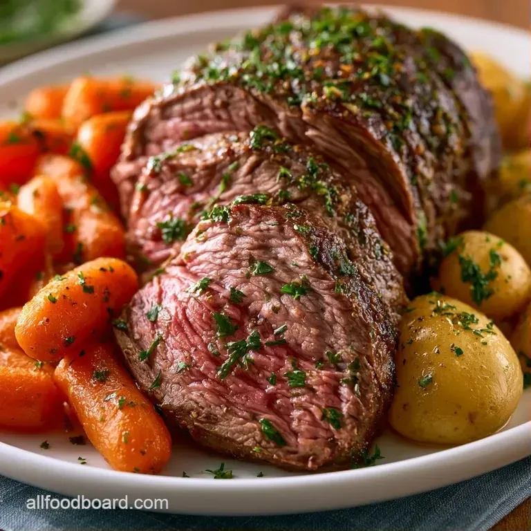 Slices of succulent brown beef layered over soft carrots on a white plate, drizzled with glossy savory jus